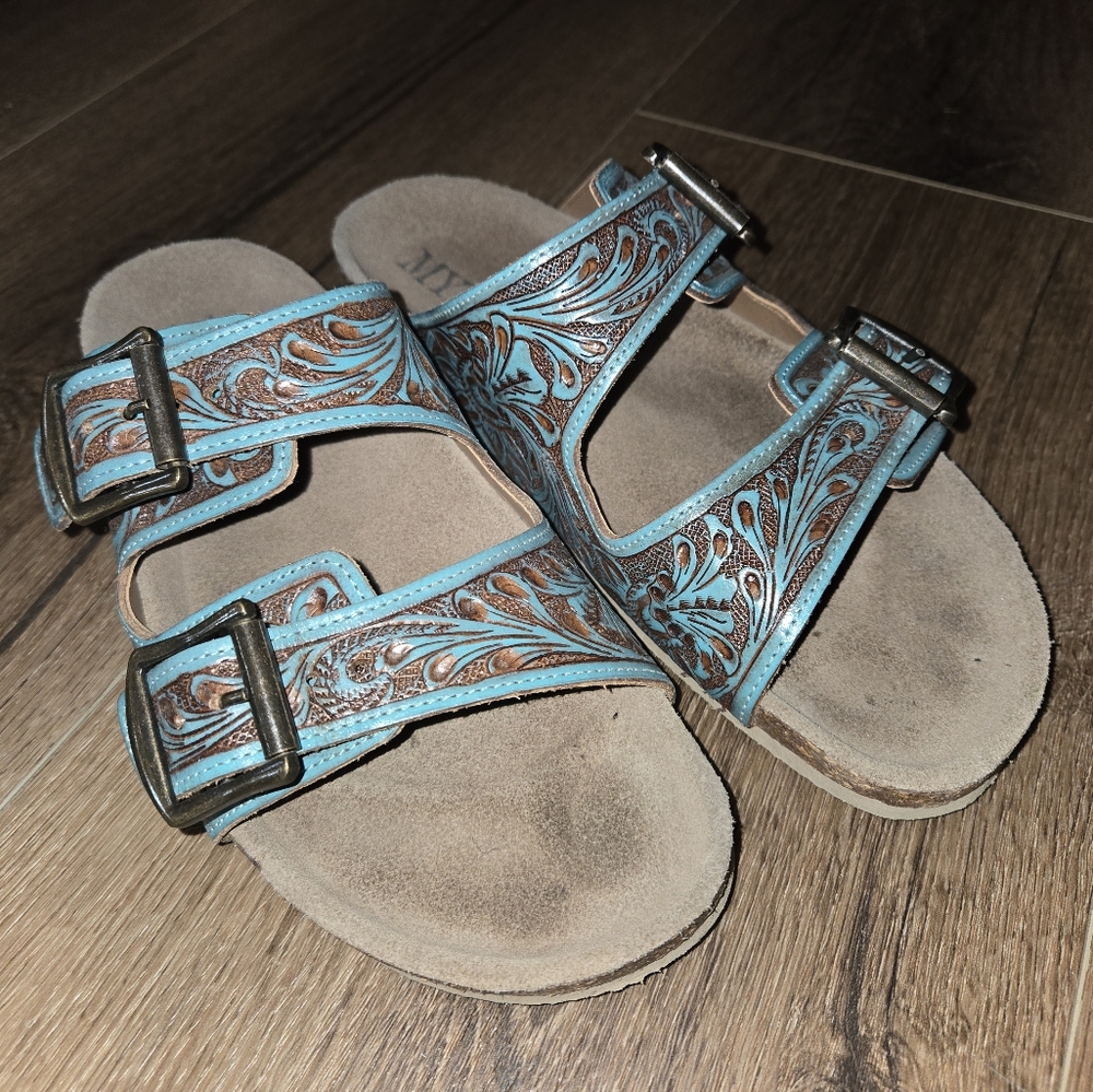 Turquoise Tooled Leather Sandals